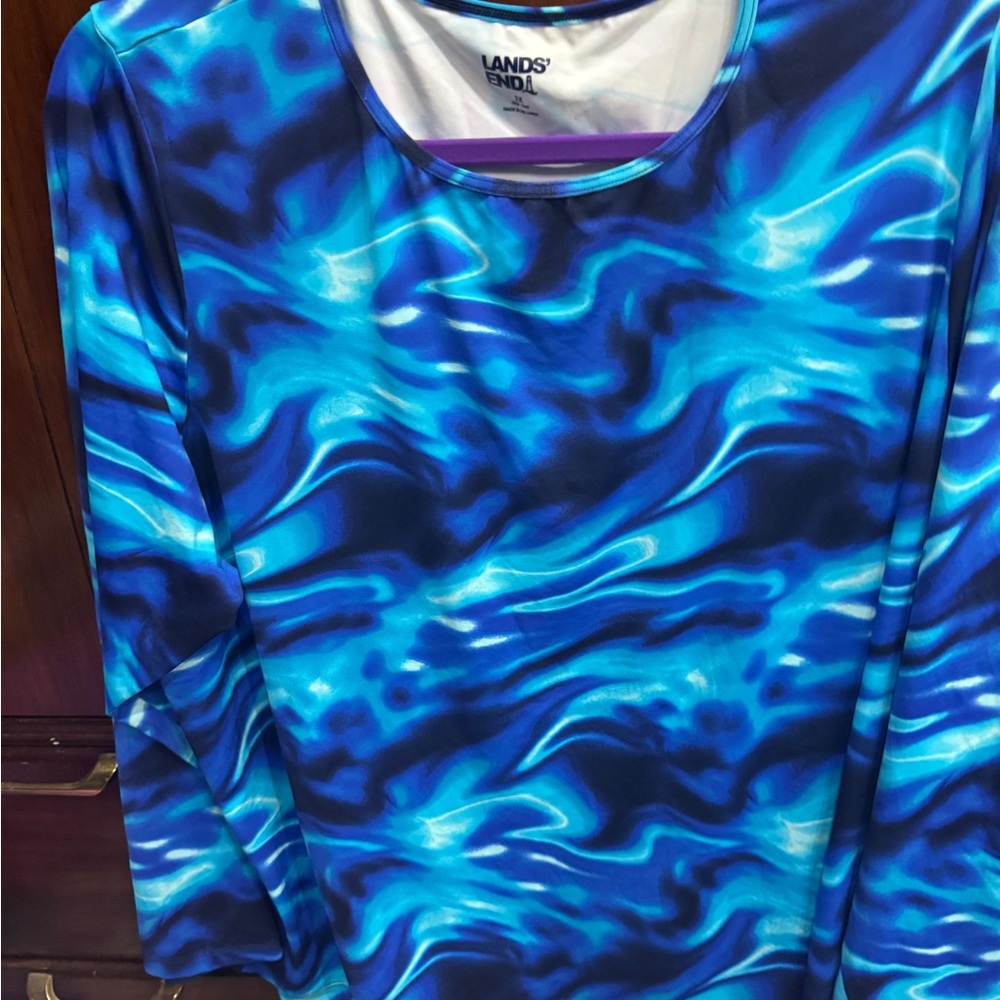 Lands' End Vibrant Blue Swirl Long Sleeve Swim Top